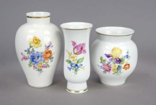 Three vases, Meissen, marks after 1950, 1st and 2nd choice, various shapes, polychrome flower