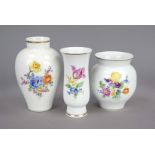 Three vases, Meissen, marks after 1950, 1st and 2nd choice, various shapes, polychrome flower