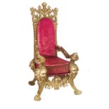Magnificent Baroque-style throne armchair, 20th century, carved and gilded wood, carved lion's