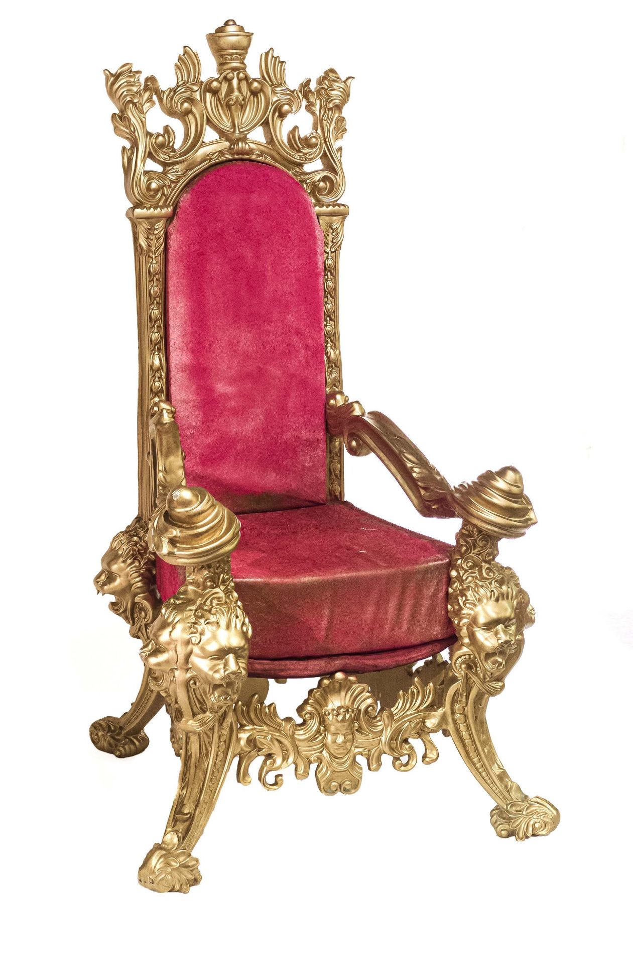 Magnificent Baroque-style throne armchair, 20th century, carved and gilded wood, carved lion's