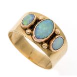 Opal ring GG 585/000 unmarked, tested, with 3 oval opal cabochons 8 x 5 and 4.8 x 3.2 mm with good