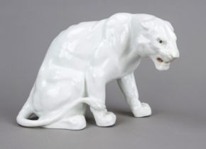 Sitting tiger, 20th century, white, sparsely painted, and illegibly marked, Paul Sauves (?), h. 25