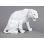 Sitting tiger, 20th century, white, sparsely painted, and illegibly marked, Paul Sauves (?), h. 25