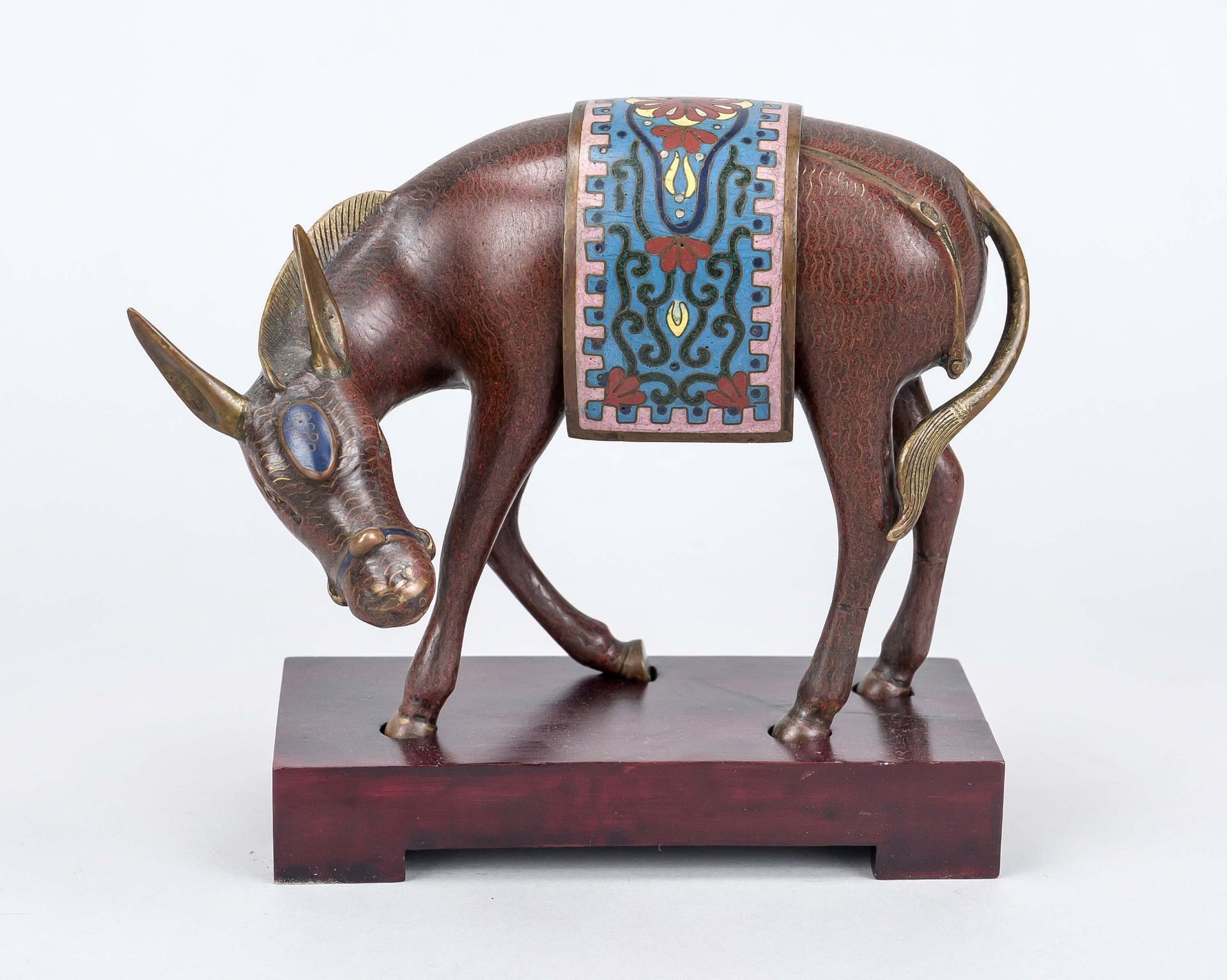 Cloisonné donkey, China, 19th century (Qing). Striding animal with slightly twisted neck,