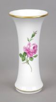 Rod vase, Meissen, mark 1972-80, 2nd choice, red rose decoration, gold rim, h. 25.5 cm