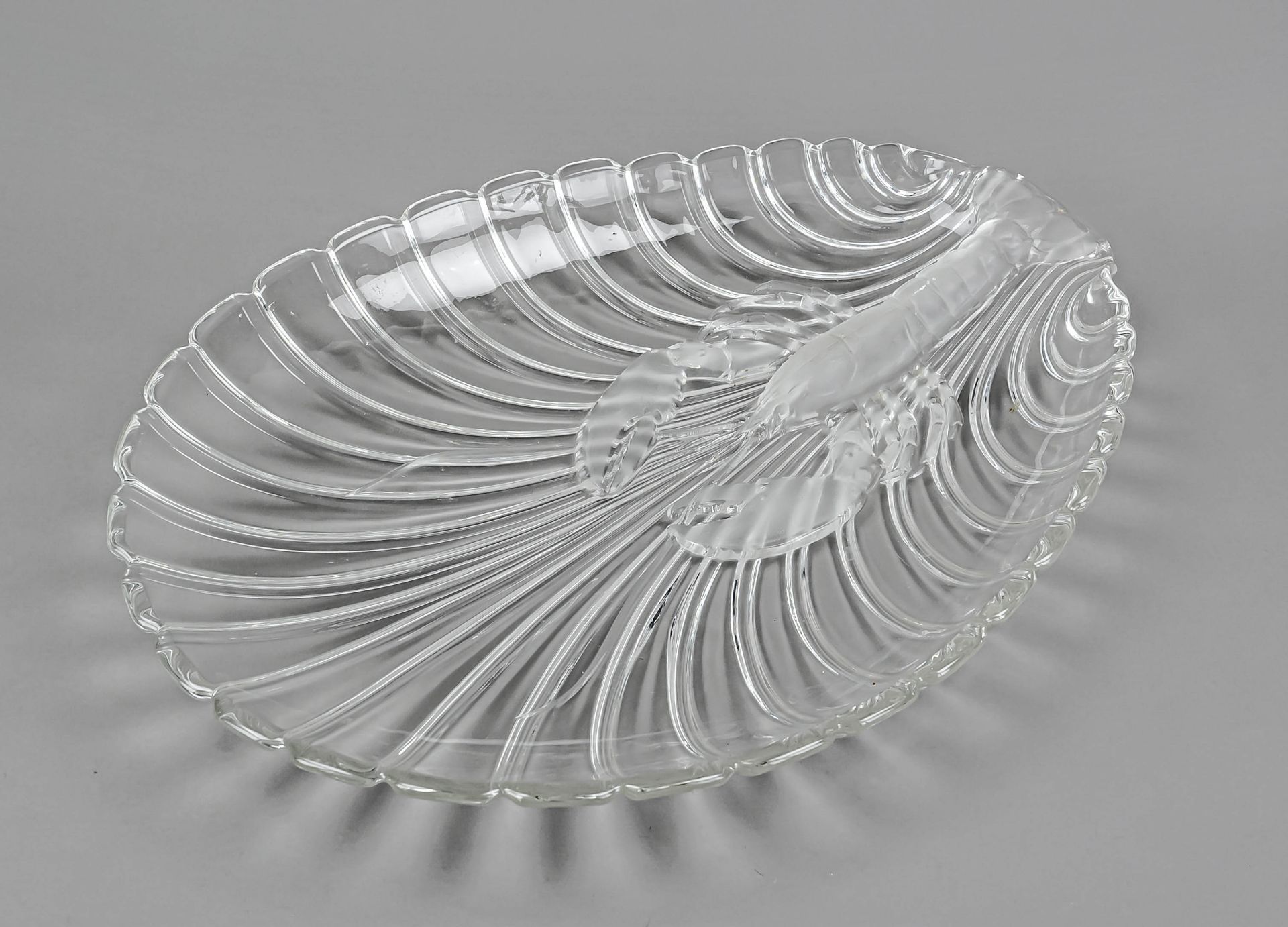 Large oval bowl, 20th century, in the shape of a shell with lobster relief, clear, partly frosted