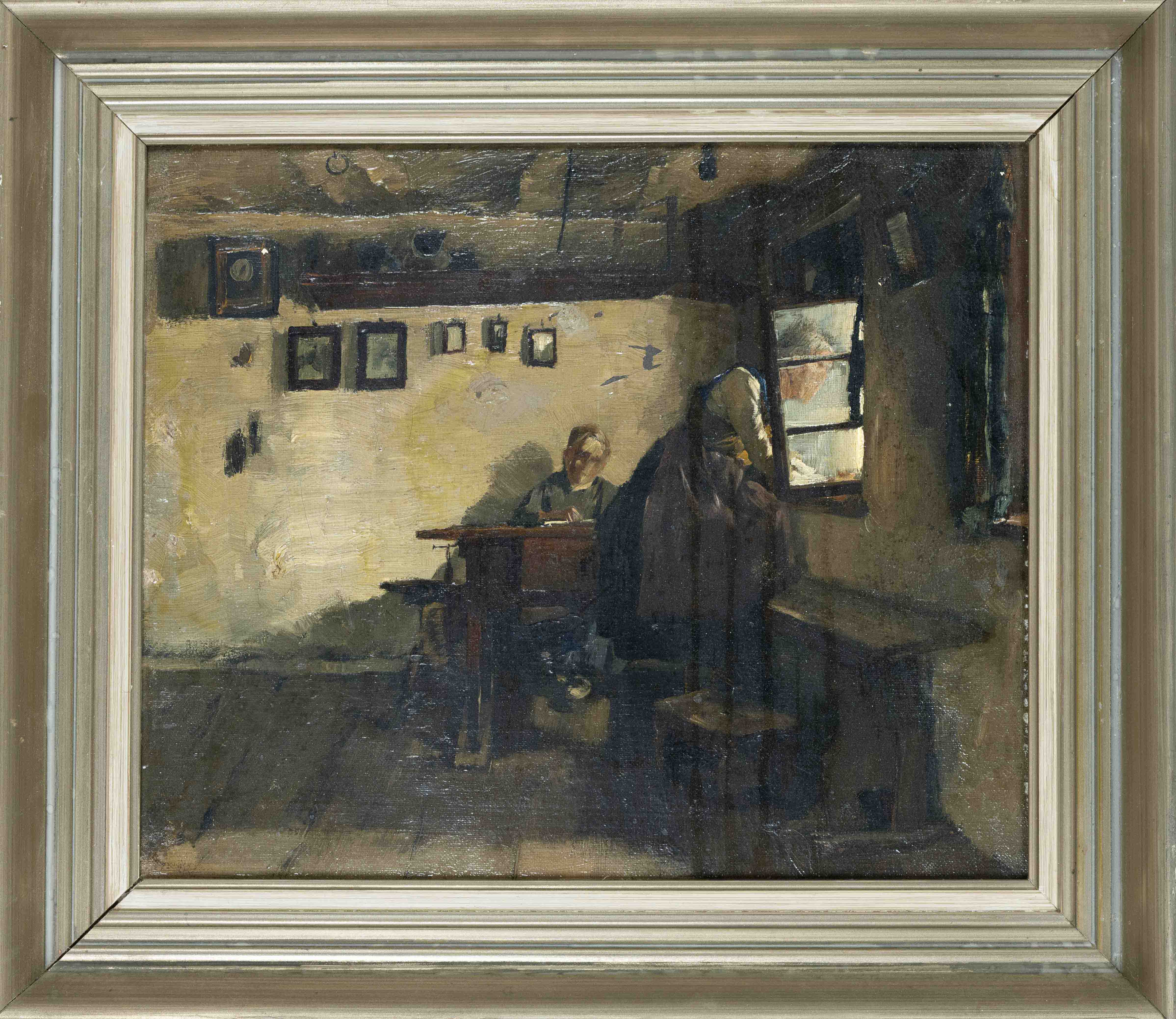 Anonymous artist late 19th century, Rural interior with a boy at a writing desk and a woman