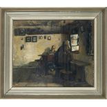 Anonymous artist late 19th century, Rural interior with a boy at a writing desk and a woman