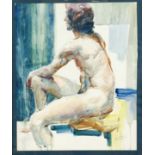 Unidentified artist mid-20th century, seated male nude, watercolor on paper, indistinctly signed