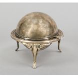 Round caviar box, Italy, 20th century, silver 800/000, on 3 feet, spherical body, hinged hinged lid,