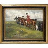 Anonymous painter late 19th century, Group of riders overcoming a hilltop, oil on canvas over