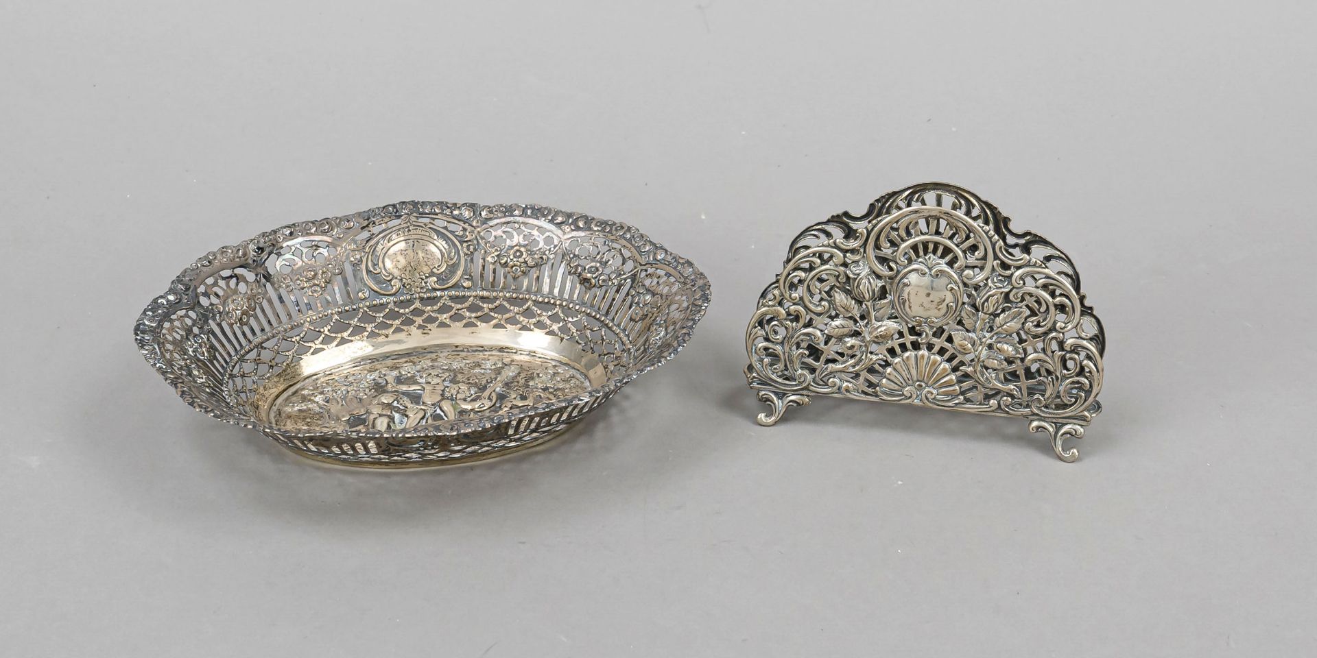 Oval openwork bowl, German, 20th century, silver 800/000, curved form, the rim richly pierced, the