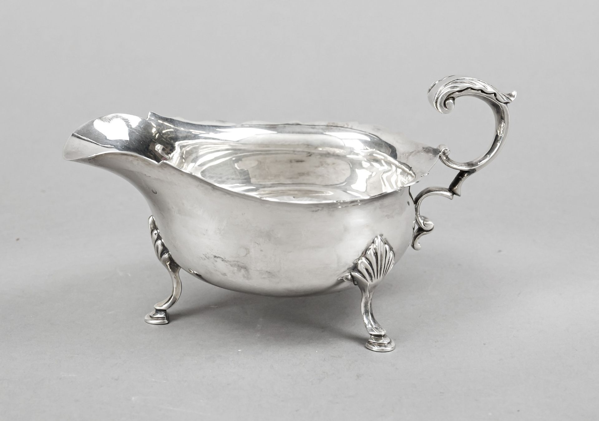 Sauce boat, England, 1989, maker's mark C. J. Vander Ltd, Sheffield, sterling silver 925/000, on 3