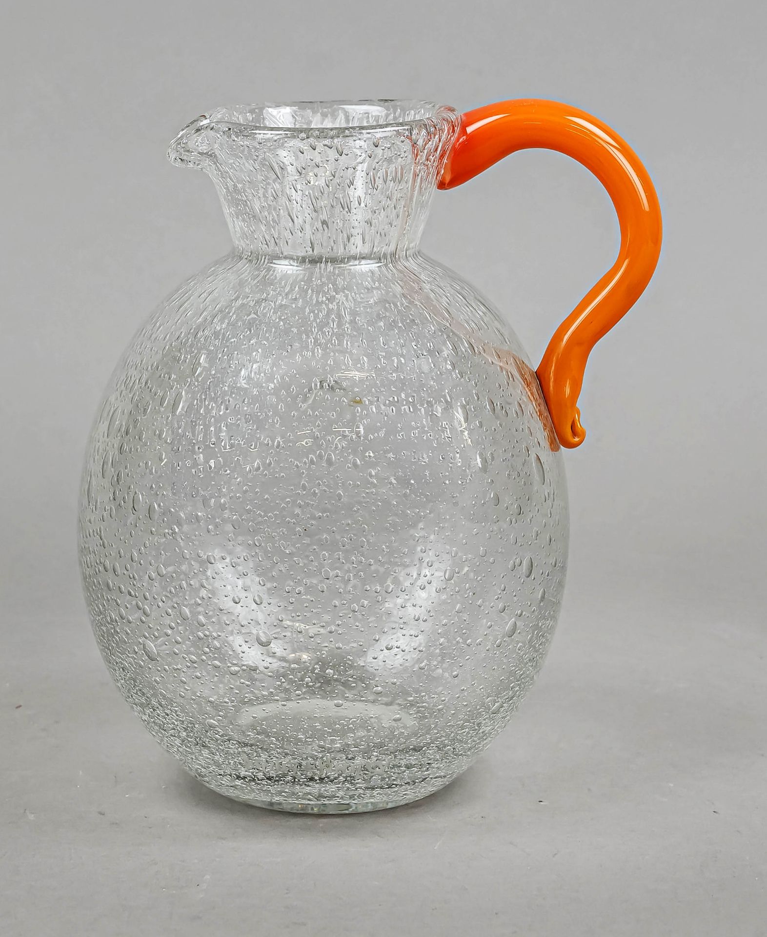 Juice jug, France, c. 1920, round base, oval, slightly flattened body, conical neck, handle attached