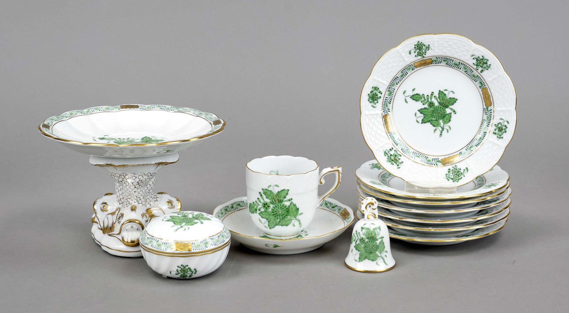 Mixed lot Herend, 12-piece, mark after 1967, shape Ozier, decor Apponyi in green, ornamental