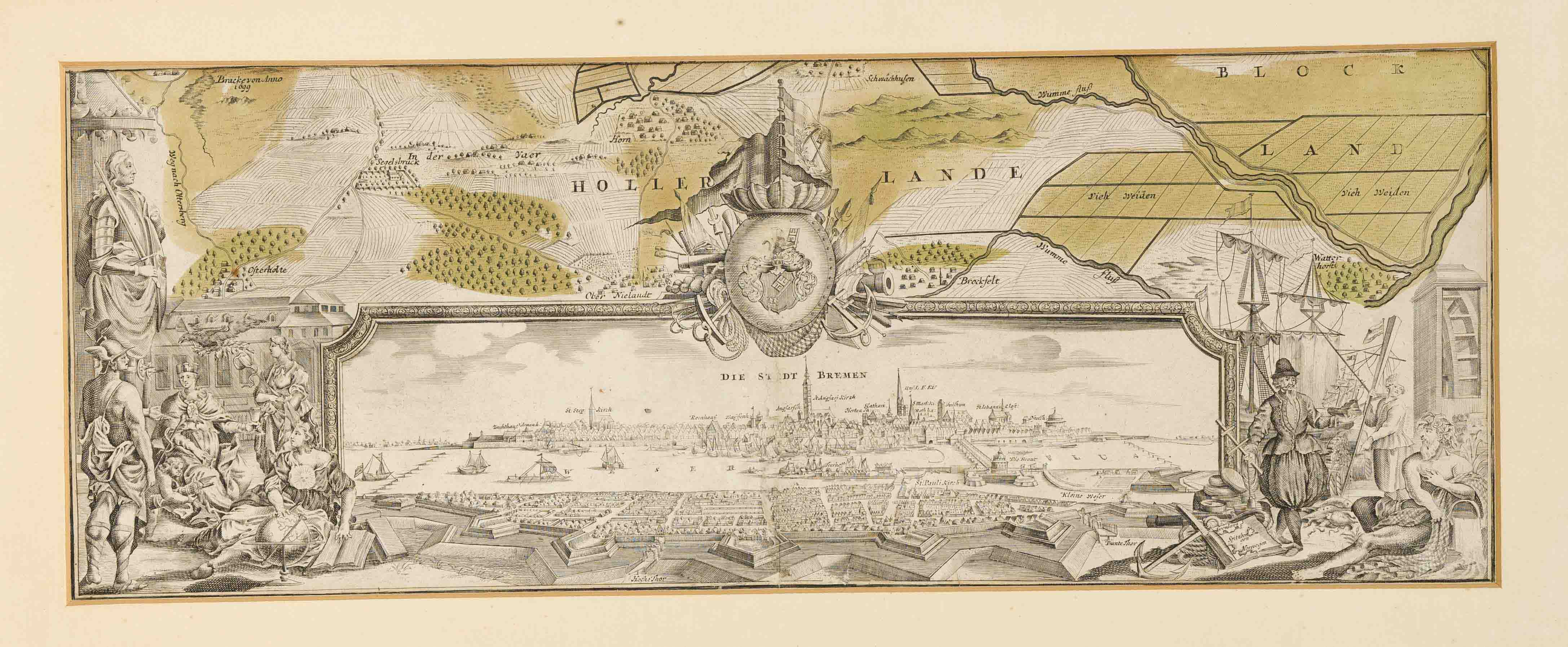 4 historical maps/views of Northern Germany and Bremen, 1x small view of Bremen from Braun Hogenberg