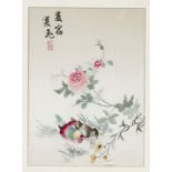 Silk embroidery, China, 20th century, ducks, roses, characters. Framed behind glass, slightly