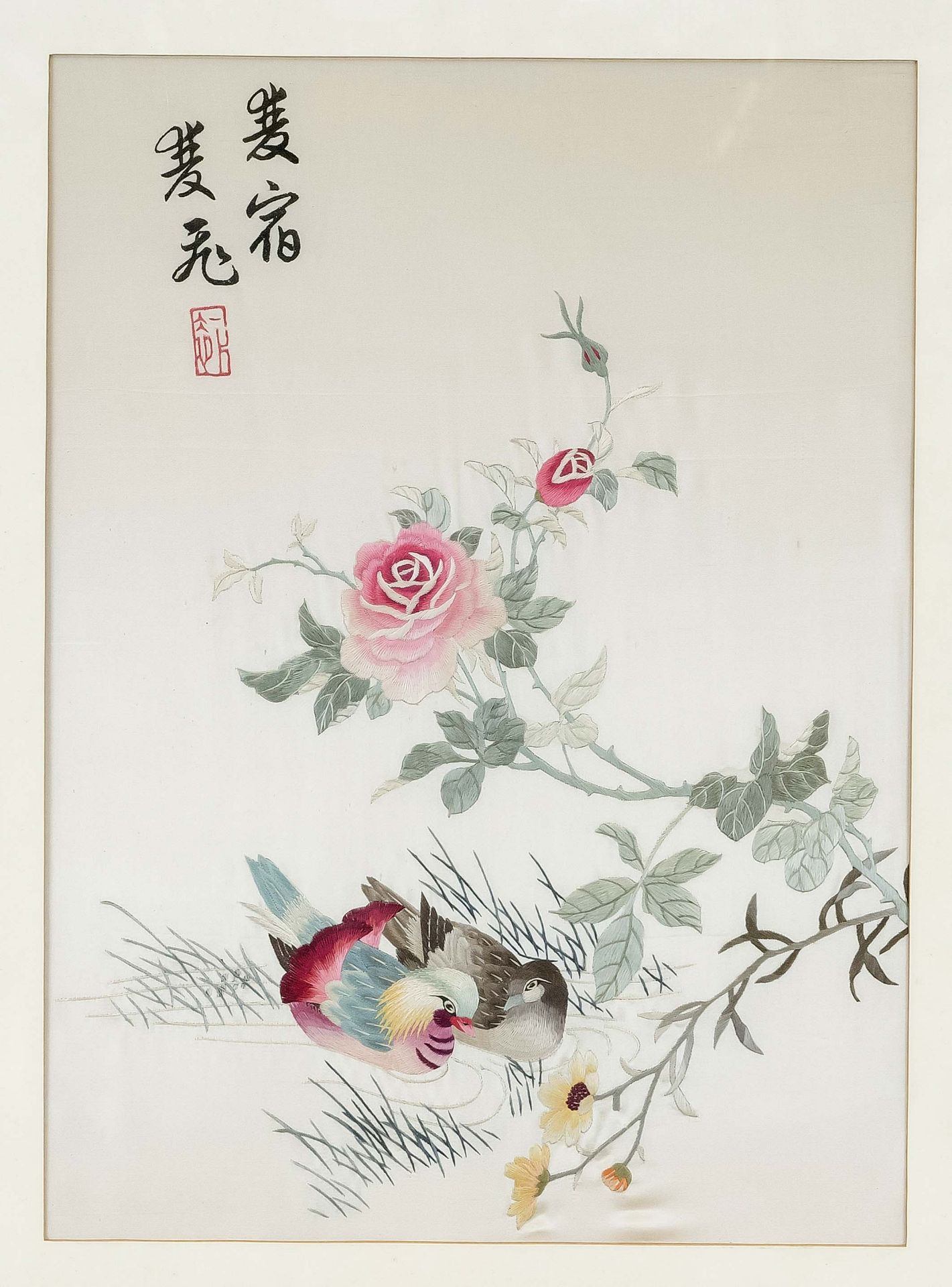 Silk embroidery, China, 20th century, ducks, roses, characters. Framed behind glass, slightly