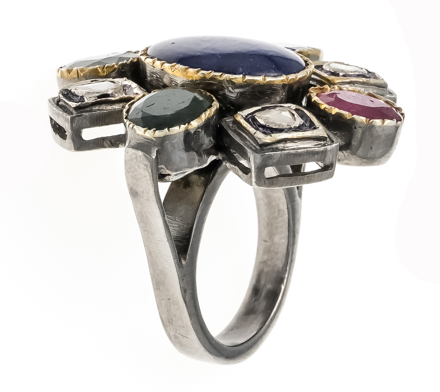 Cocktail ring silver unstamped, partially gold-plated, with genuine colored stones 2 sapphires, 1 - Image 2 of 2
