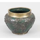 Art Nouveau vase/cachepot, c. 1900, dark green glazed ceramic with openwork metal mount with