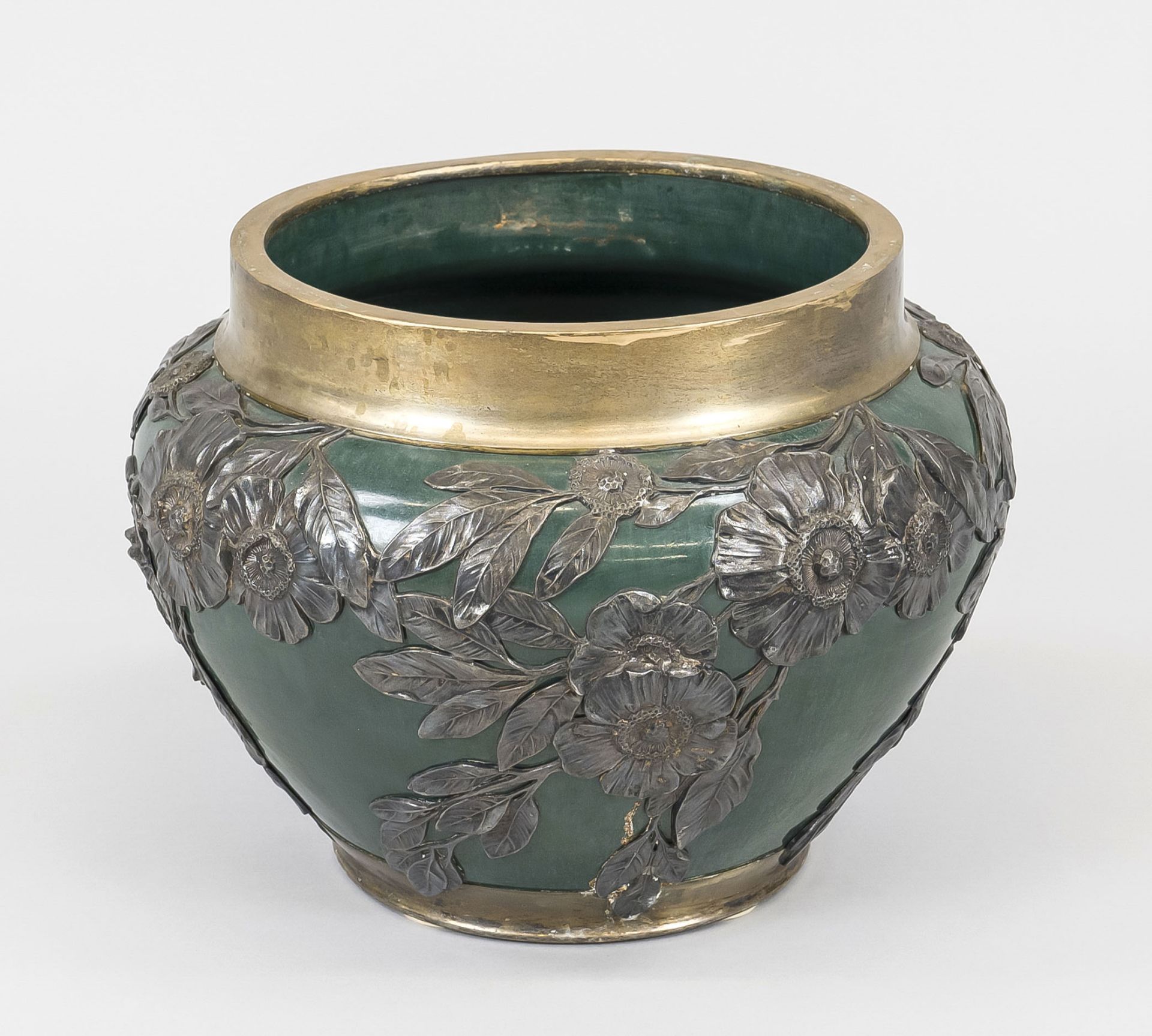 Art Nouveau vase/cachepot, c. 1900, dark green glazed ceramic with openwork metal mount with