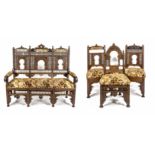 Oriental settee from around 1900, consisting of a bench and 3 chairs, carved and turned wood typical