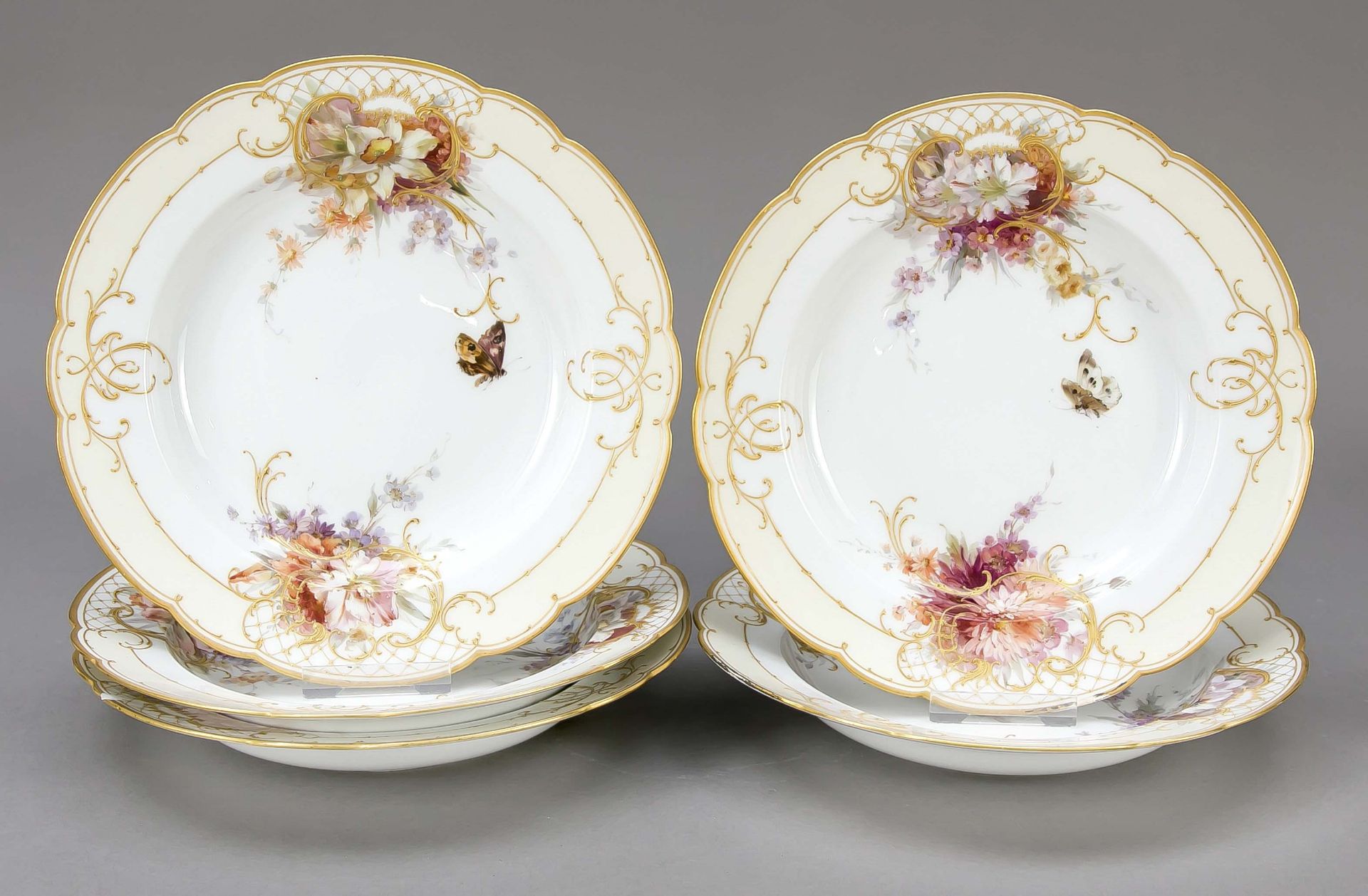 Five deep plates from a dinner service, KPM Berlin, mark circa 1900, red imperial orb mark, 1st