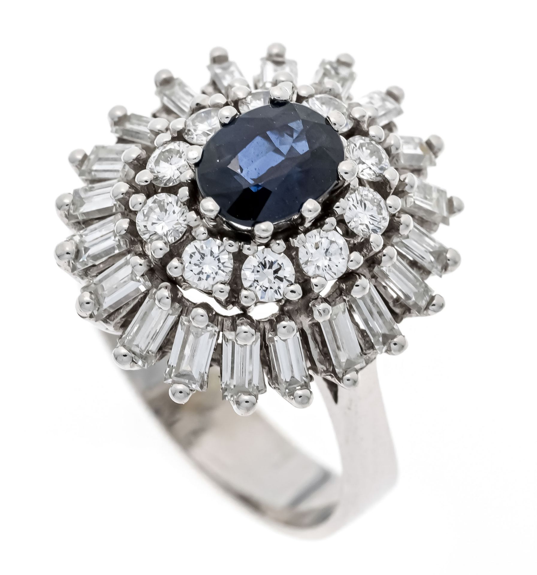 Sapphire-brilliant ring WG 585/000 with a very good oval faceted sapphire 0.77 ct in an intense blue