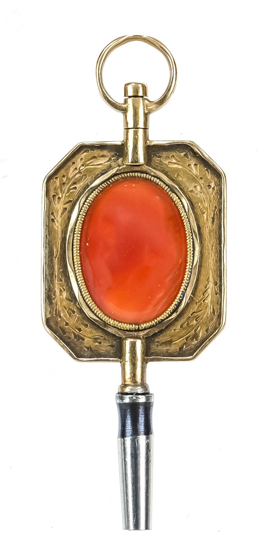 Antique pocket watch key, GG 750/000, 19th century, engraved with carnelian, length 4.6cm, total