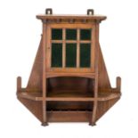 Hanging cupboard around 1910, oak, door with green glass, 76 x 70 x 23 cm