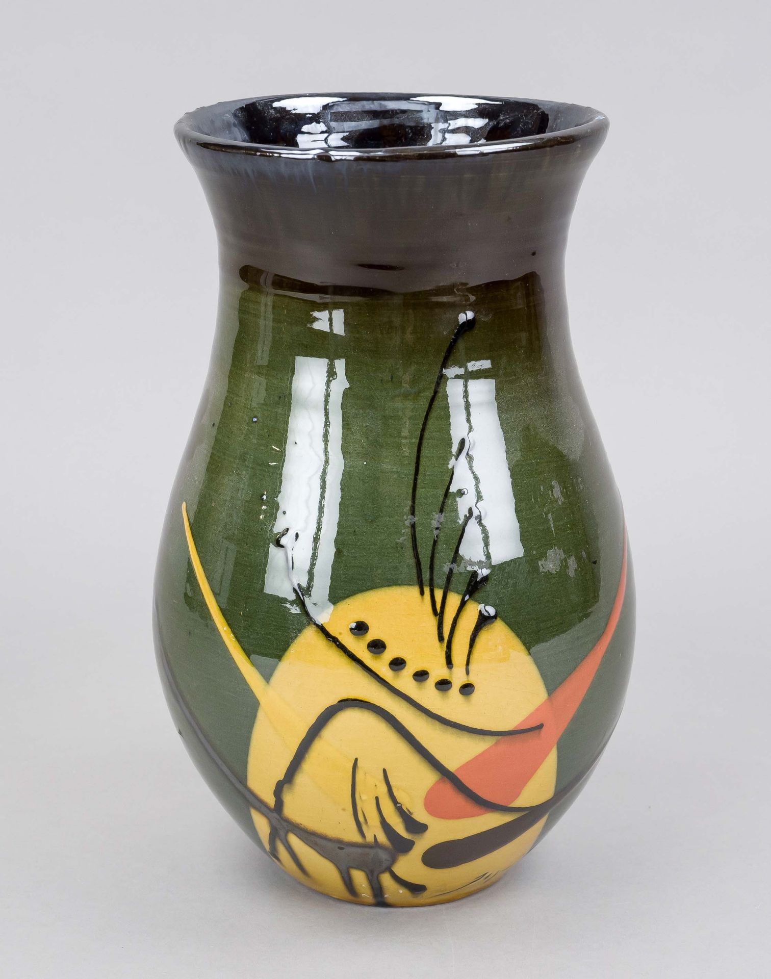 Artist's ceramic vase, 20th century, slightly bulbous shape, glazed in dark green, ochre, black