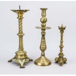 3 candlesticks, 18th/19th century, bronze/brass. Various shapes and designs, slightly rubbed &