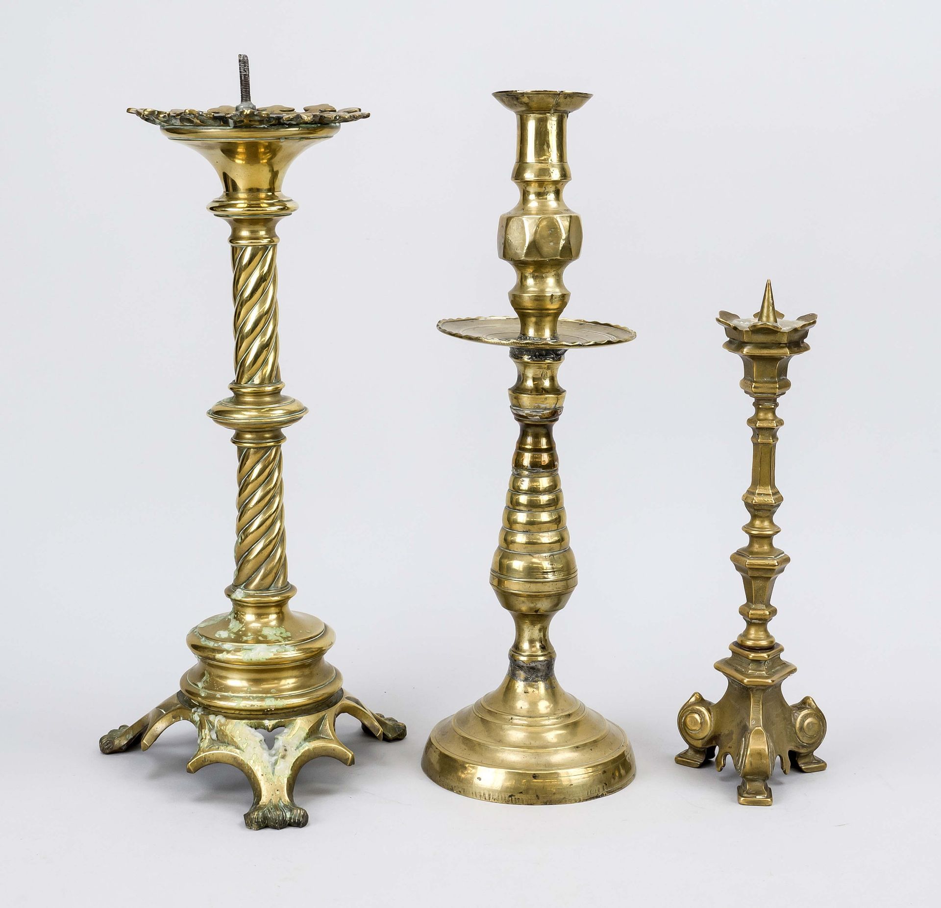 3 candlesticks, 18th/19th century, bronze/brass. Various shapes and designs, slightly rubbed &