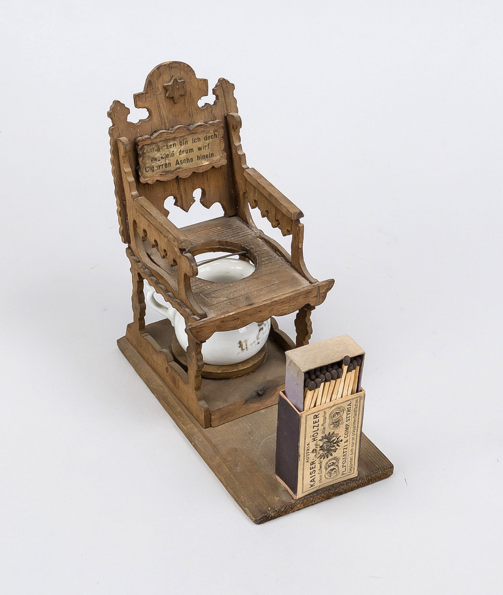 Joker match holder with ashtray, late 19th century, wood and porcelain. Commode chair with porcelain