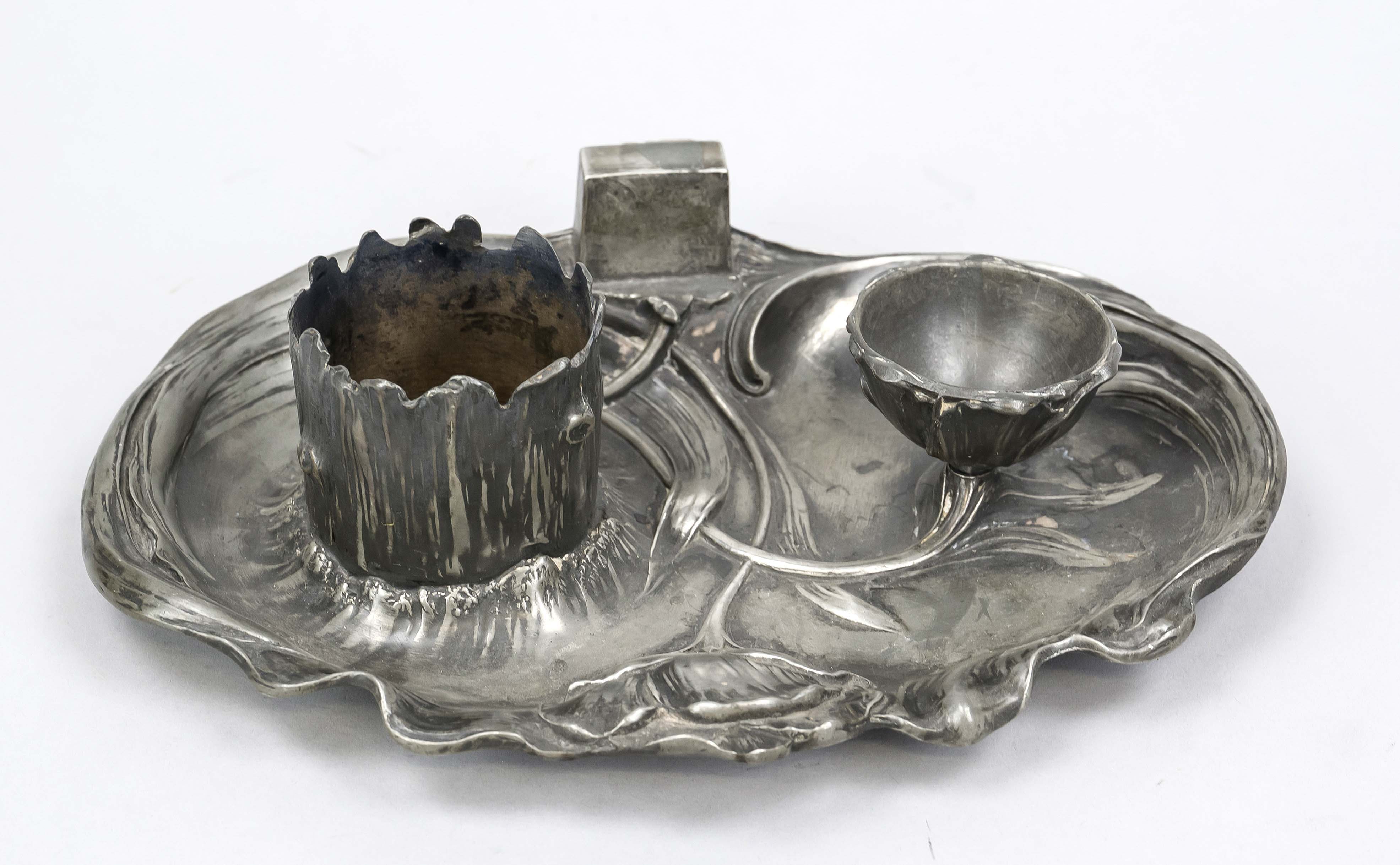 Art Nouveau smoking set, around 1900, pewter. Organically shaped bowl with floral relief, hollow