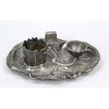 Art Nouveau smoking set, around 1900, pewter. Organically shaped bowl with floral relief, hollow