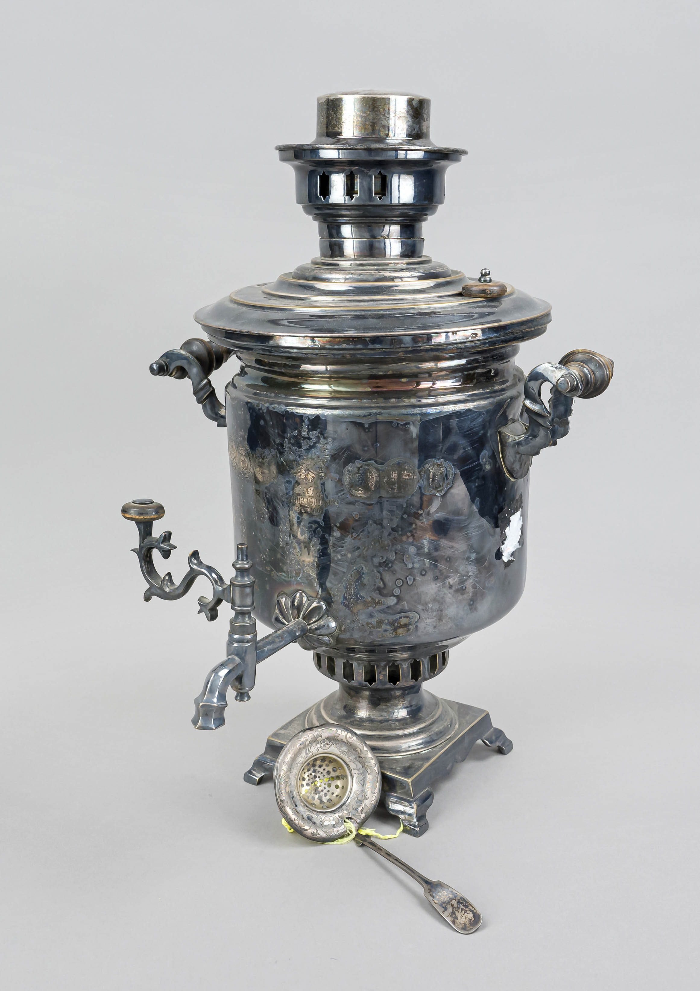 Samovar, Russia, early 20th century, plated, square stand on 4 feet, cylindrical body, attached