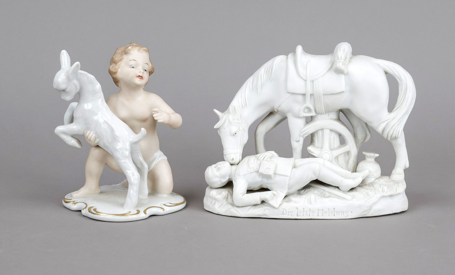 Two figures, 20th century, putto with kid, Wallendorf, partly polychrome painted, ornamental