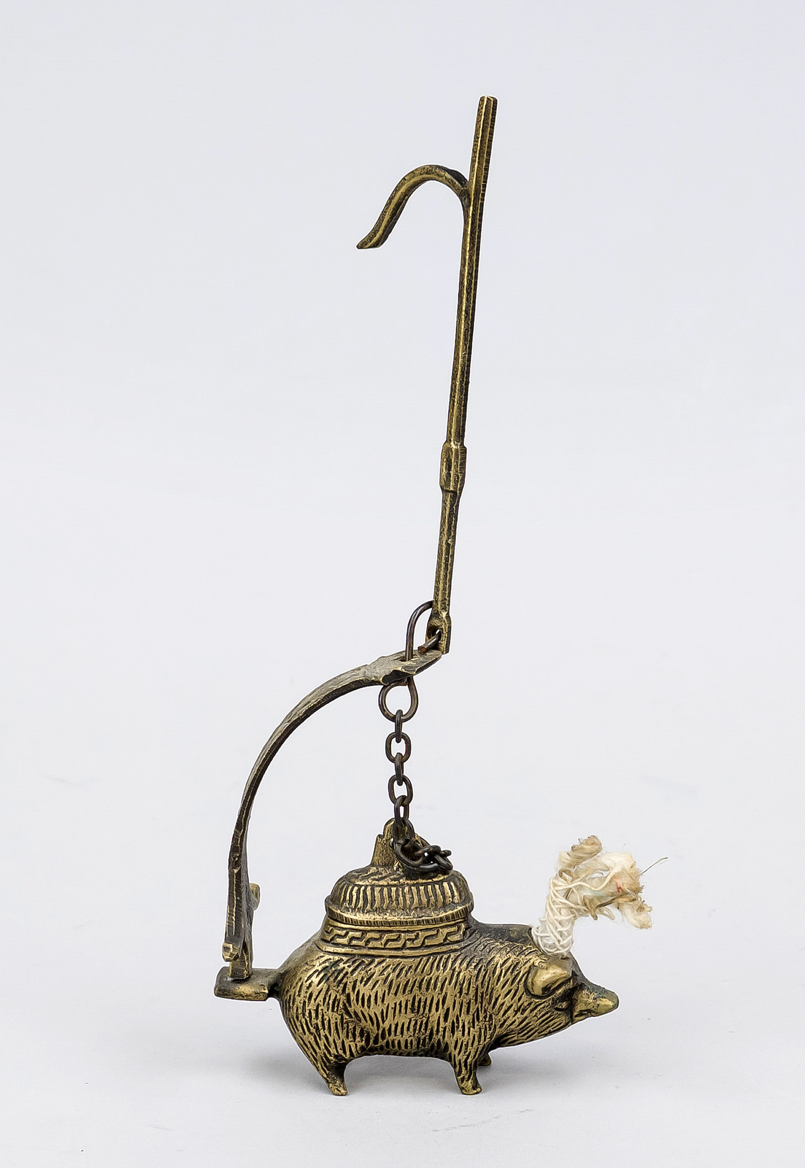 Figural oil lamp or permanent fidibus, probably late 19th century, brass. Wild boar as oil