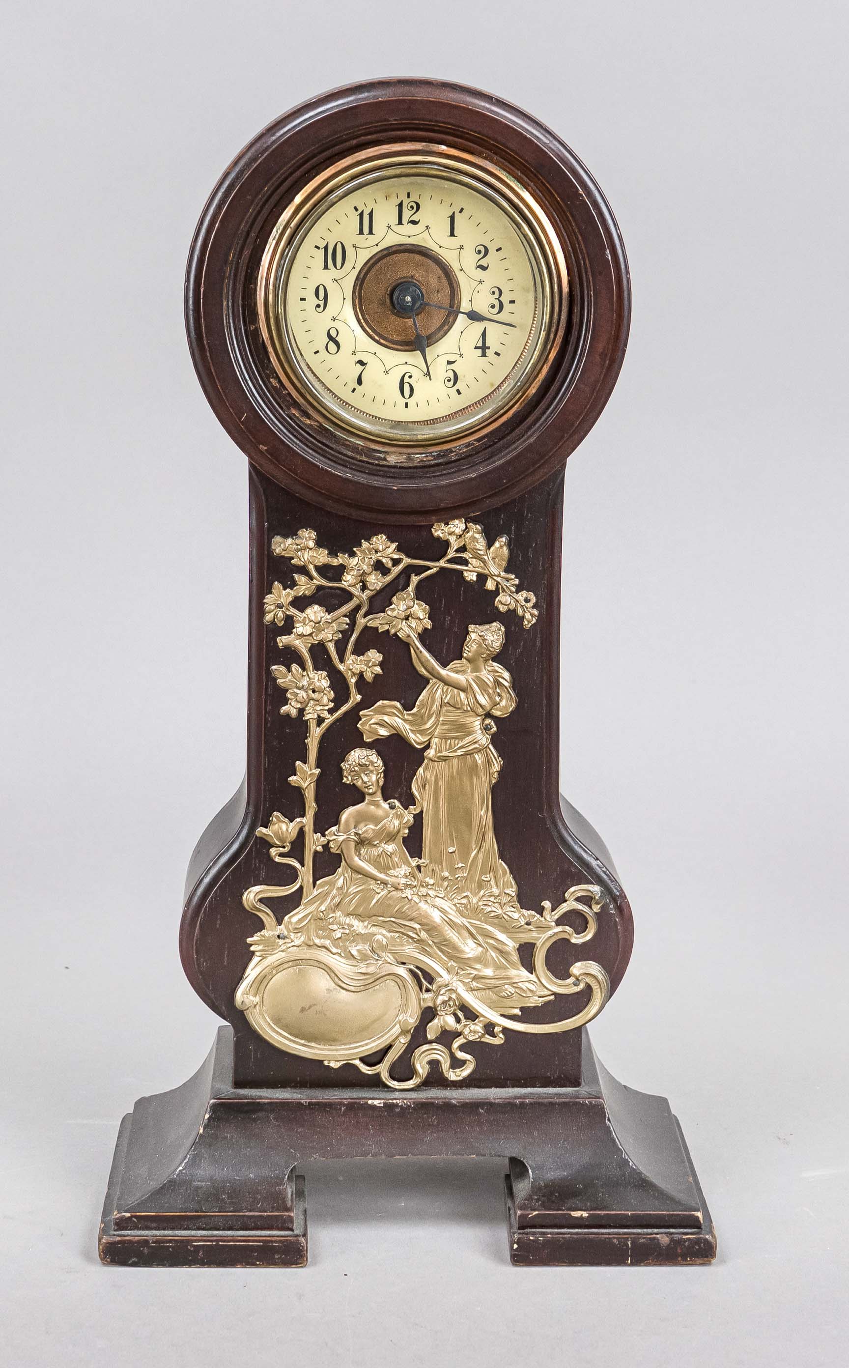 Art Nouveau mahogany table clock with gilded ornamentation typical of the period, varnished paper