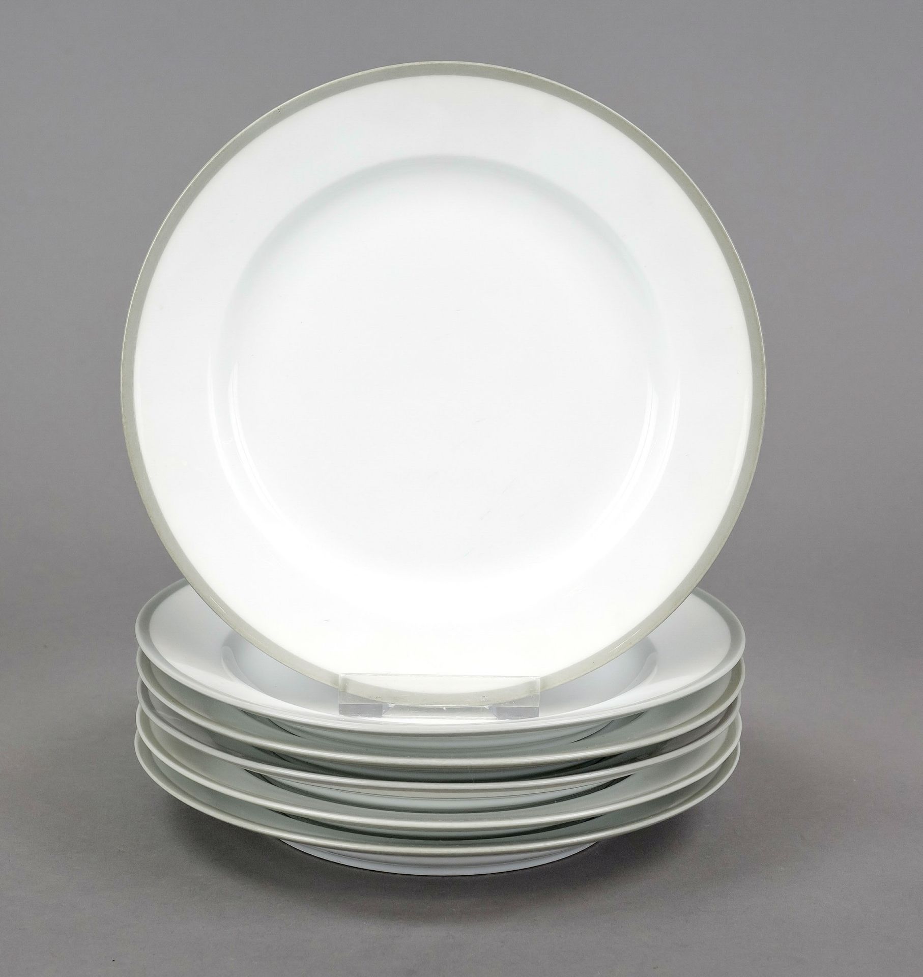 Six small dessert plates, KPM Berlin, pre-1945 marks, 2nd choice, Rhenish form, white with celadon