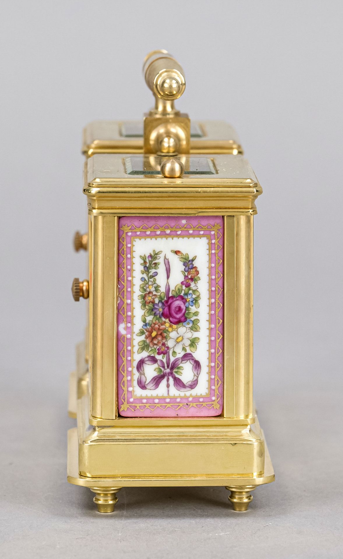 Travel alarm clock and barometer, 2nd half 20th century, gilt brass with top mounted handle, faceted - Image 2 of 4