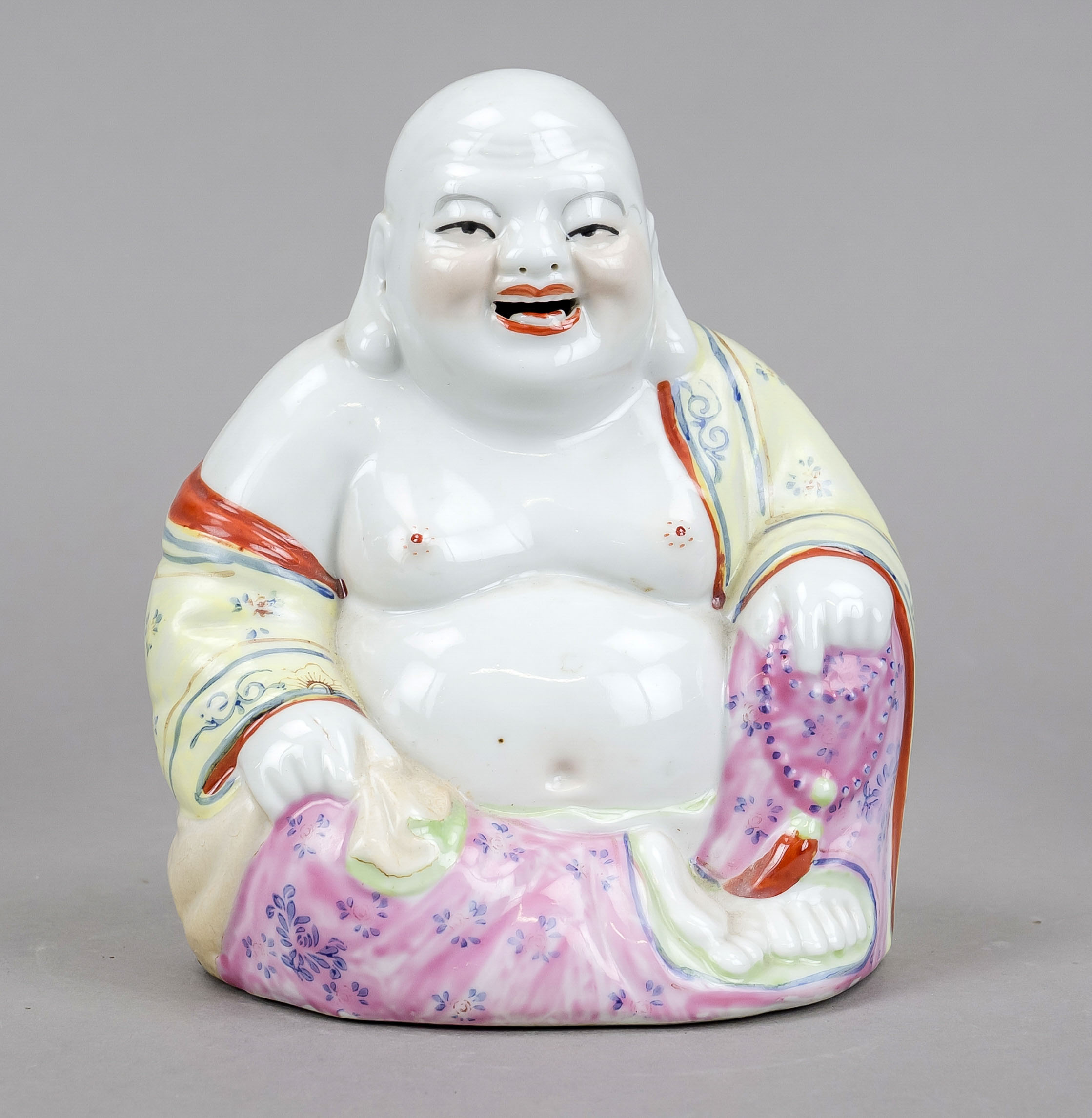 Budai/Hotei, China, 20th century, polychrome painted porcelain figure, red stamp mark under the