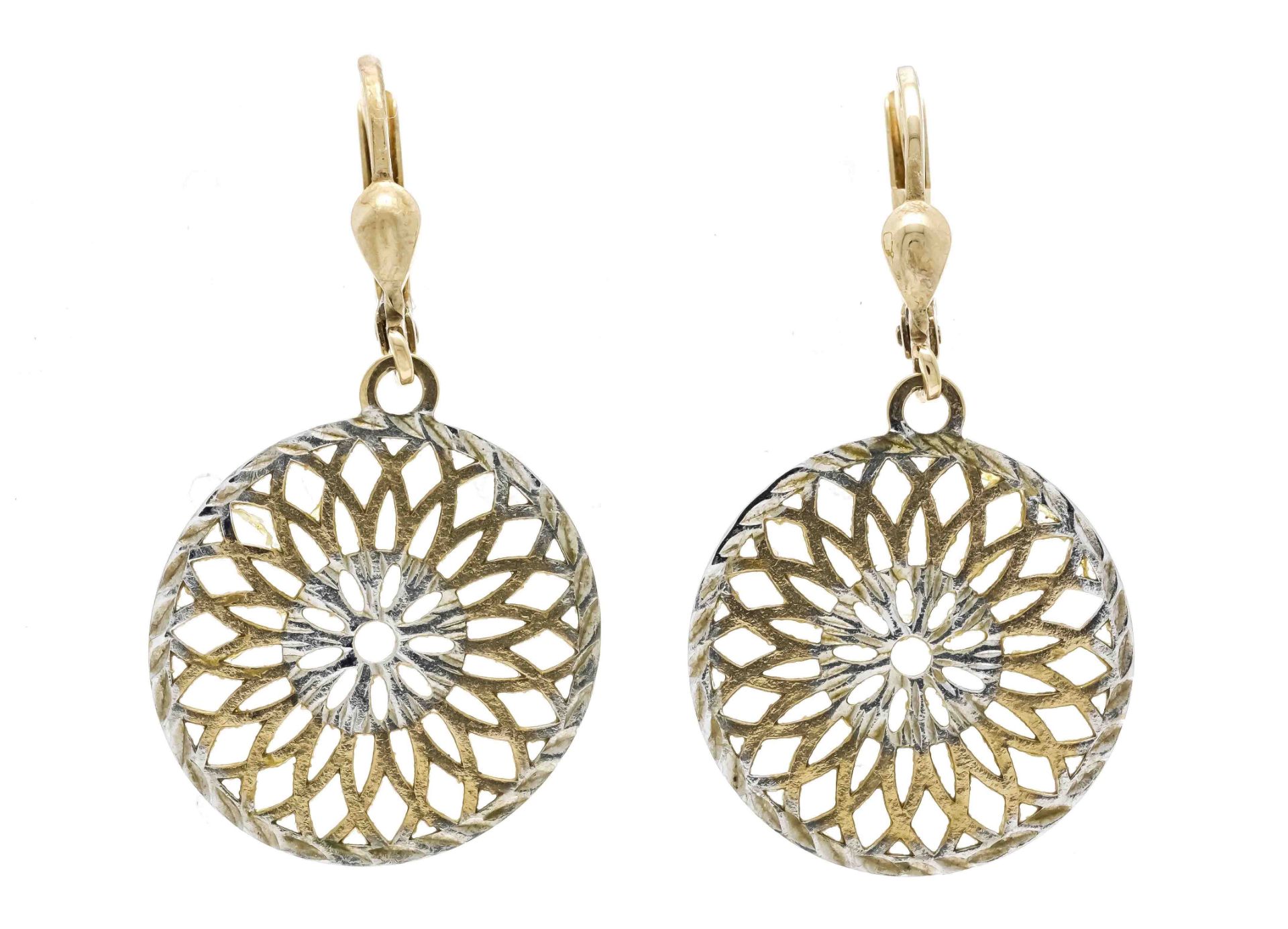 Earrings GG/WG 375/000 with filigree openwork round suspension, l. 36 mm, 2.4 g