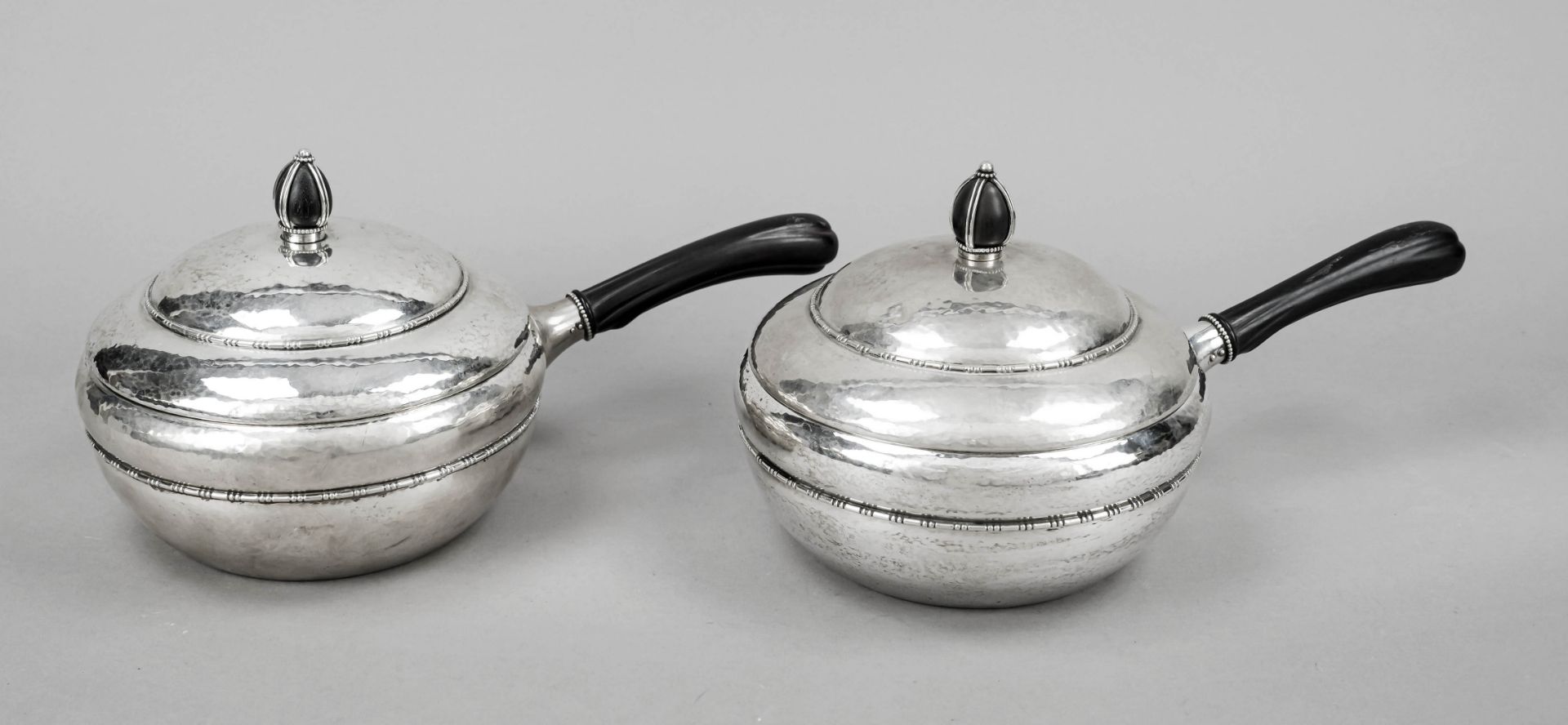 A pair of large Art Nouveau lidded bowls, Denmark, 1916, hallmark C. F. Heise, silver 830/000, round