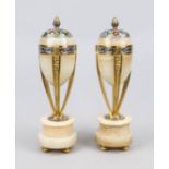 Pair of side plates, c. 1910, light onyx marble with gilt bronze, urn form with acorn finial on