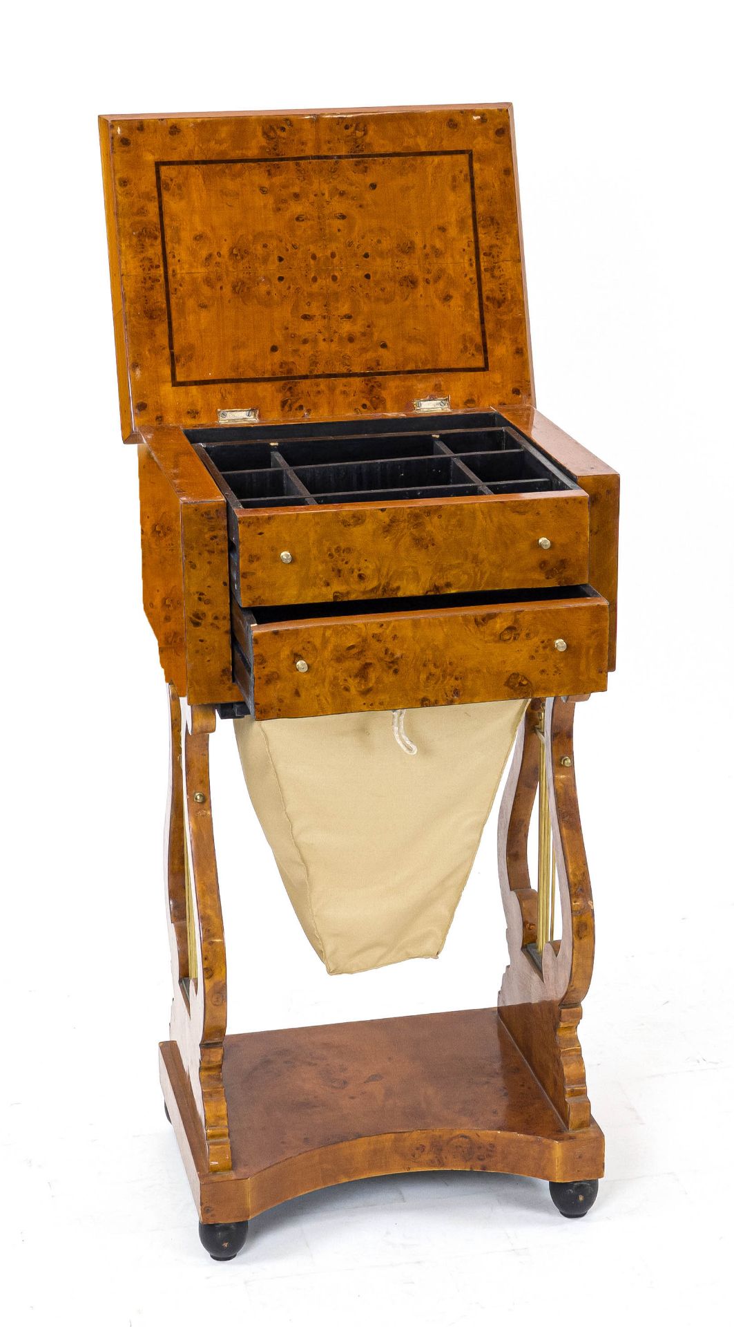 Biedermeier-style sewing table, 20th century, burlwood veneer, lyre-shaped sides, with wool - Image 3 of 3