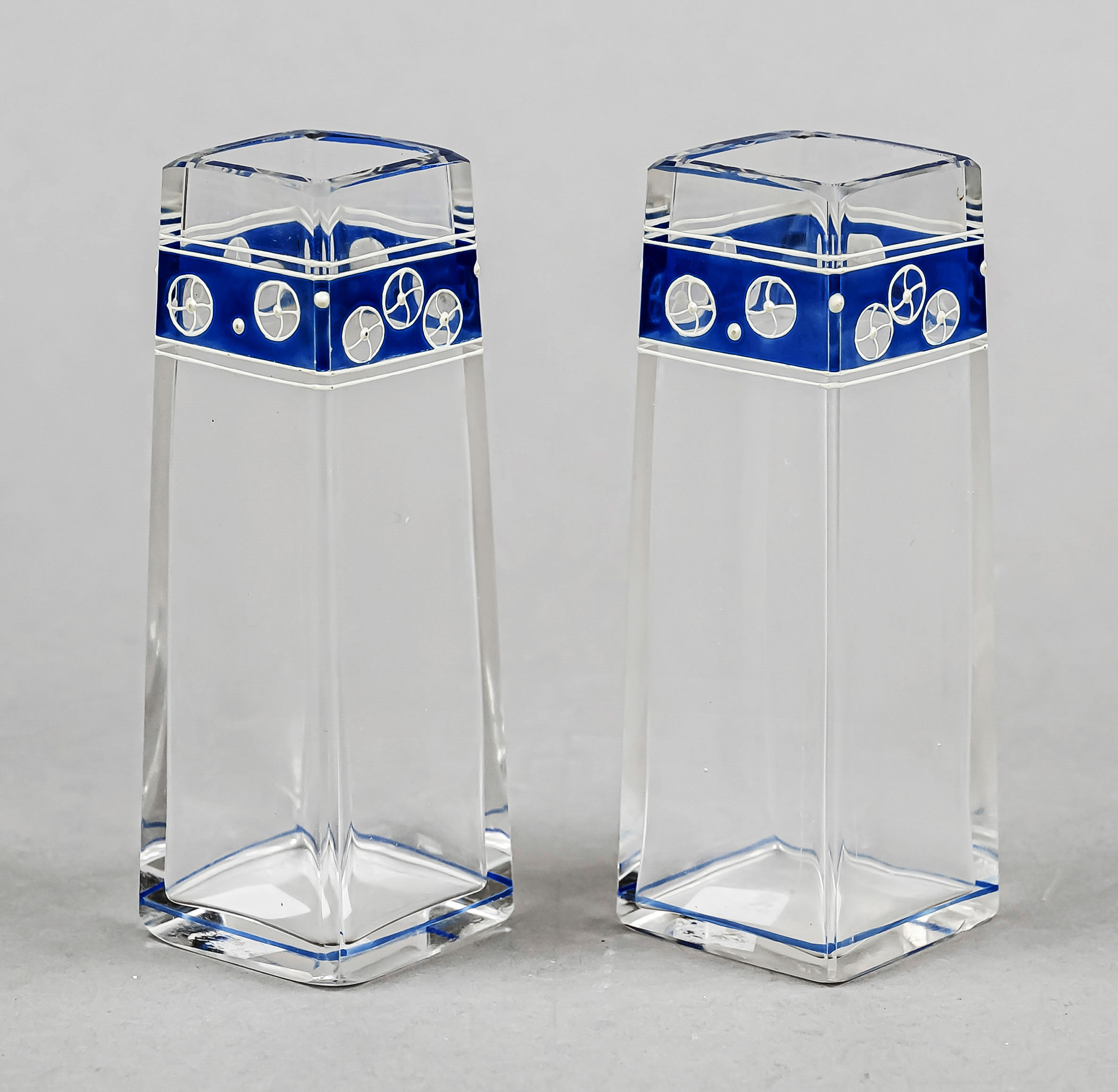Pair of Art Nouveau vases, c. 1910, square base, angular body with tapering walls, clear glass
