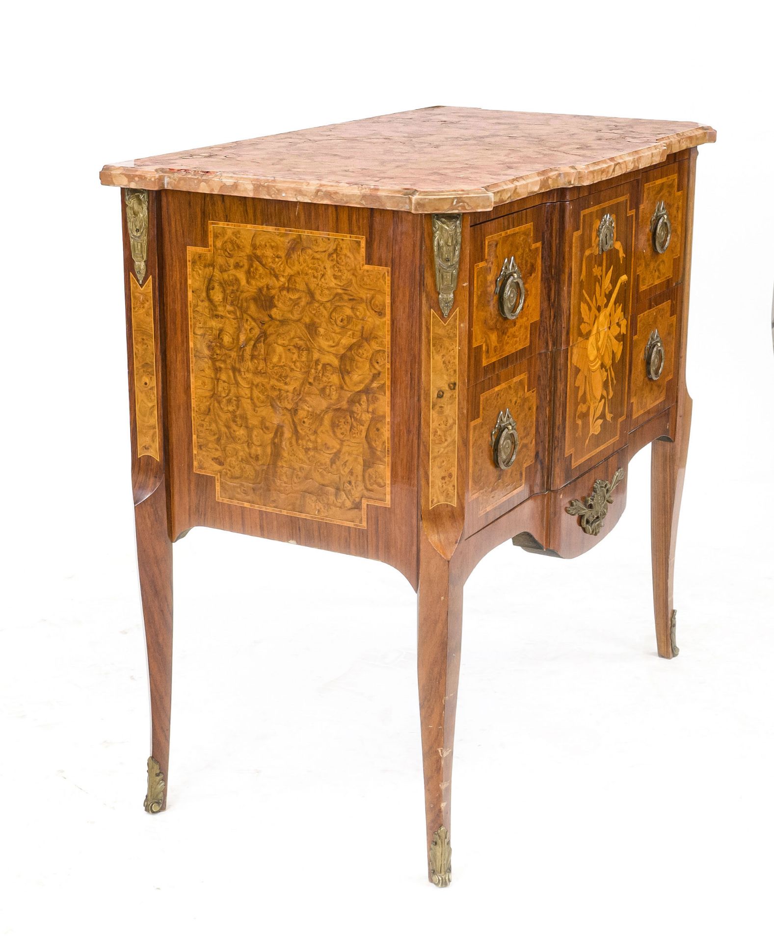 Classicist-style chest of drawers, 20th century, walnut and other precious woods, rose-colored stone - Image 3 of 3