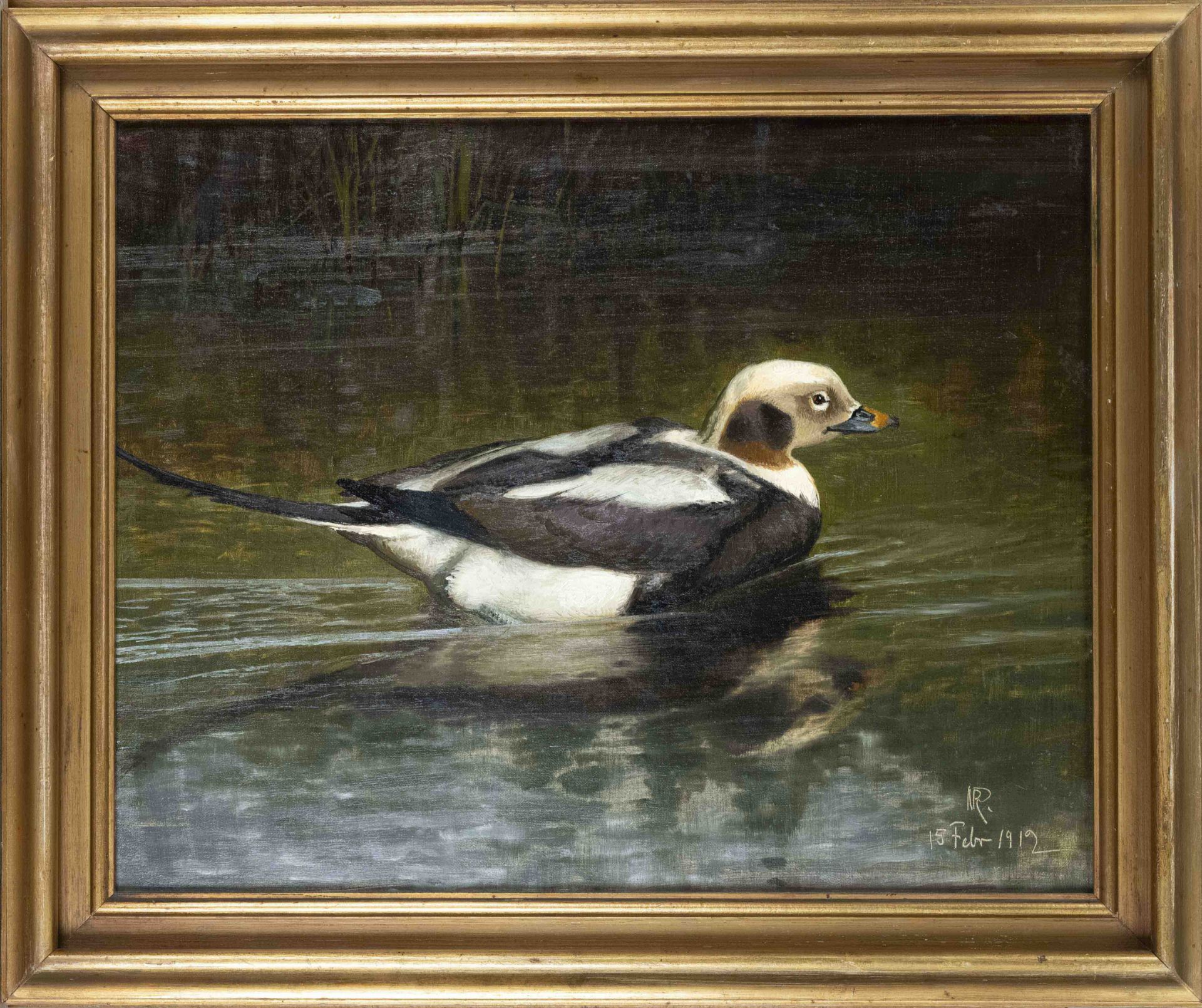 Niels Peter Rasmussen (1847-1918), Danish animal and flower painter, Duck on a pond bank, oil on